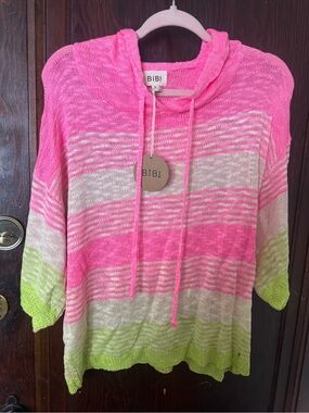 BiBi Pink, Cream & Lime Striped Hooded Swim Cover-Up